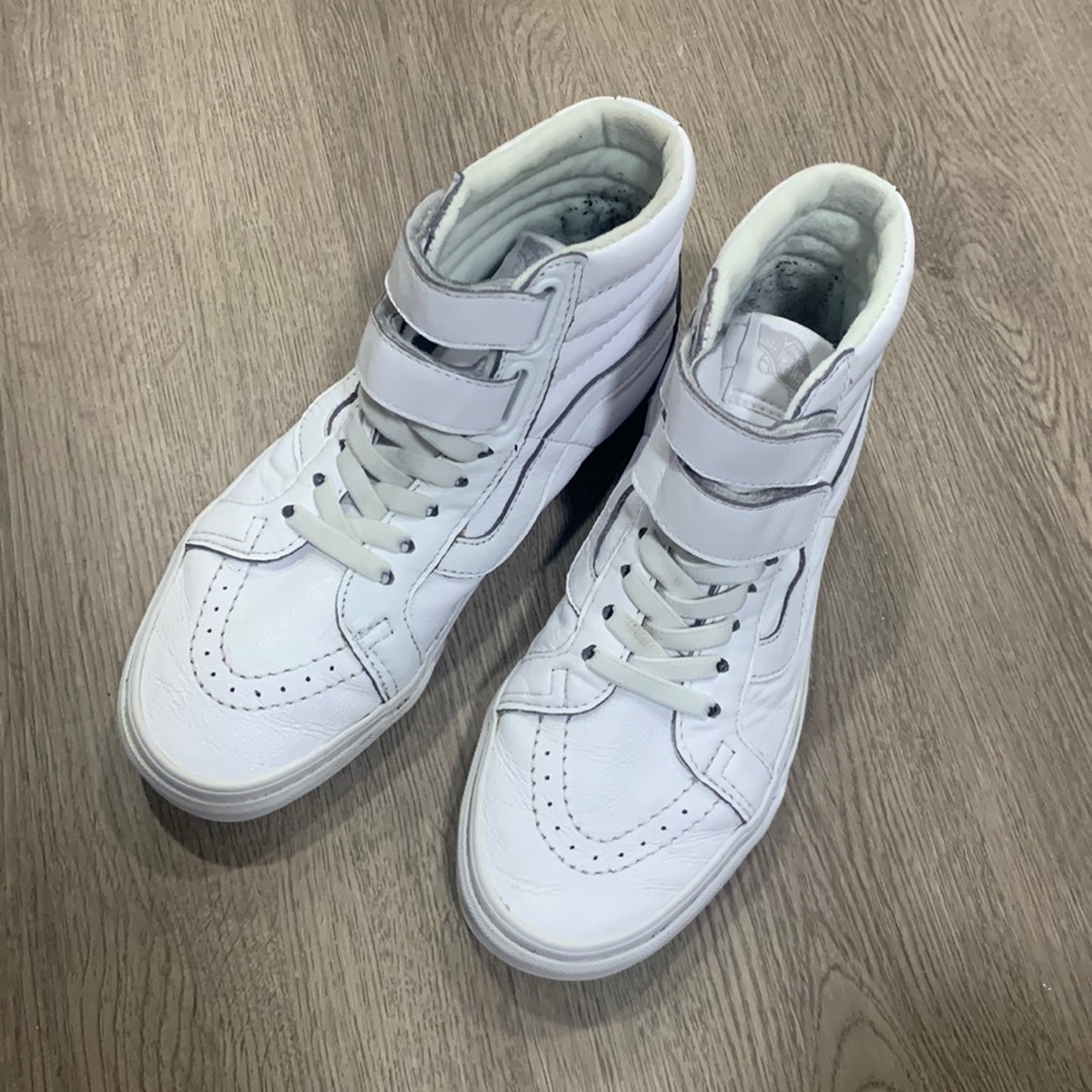 2 for $40 sale! White high top vans shoes with Velcro straps near the top.